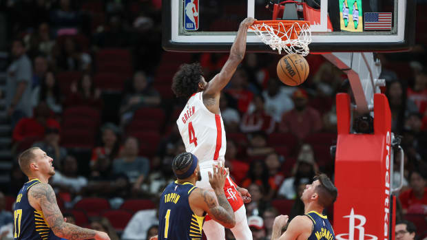 Rockets guard Jalen Green dunks the ball during the third quarter against the Indiana Pacers at Toyota Center.